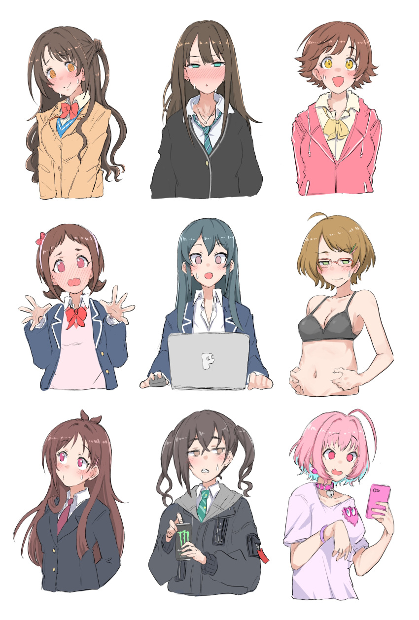 #unit_name_boshuuchuu_(idolmaster), 6+girls, absurdres, belly, bow, bowtie, computer, cropped_torso
