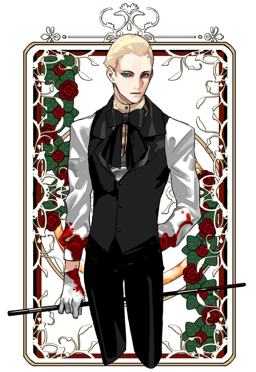 1boy, alternate_costume, black_bow, blonde_hair, blood, blood_on_clothes, blue_eyes, bow