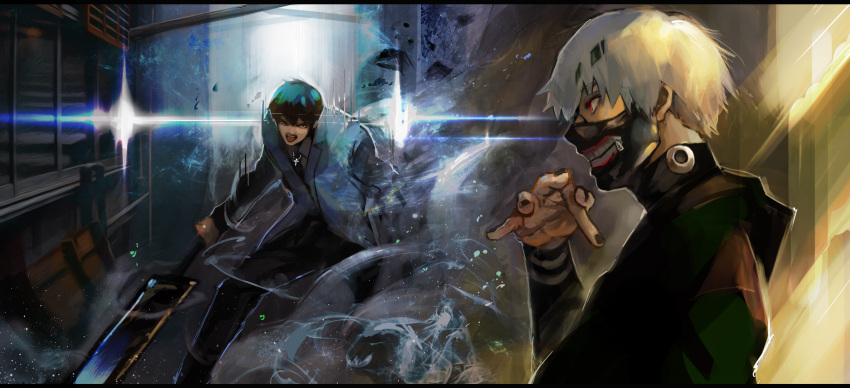 2boys, absurdres, amon_koutarou, bangs, black_hair, black_mask, black_nails, black_pants