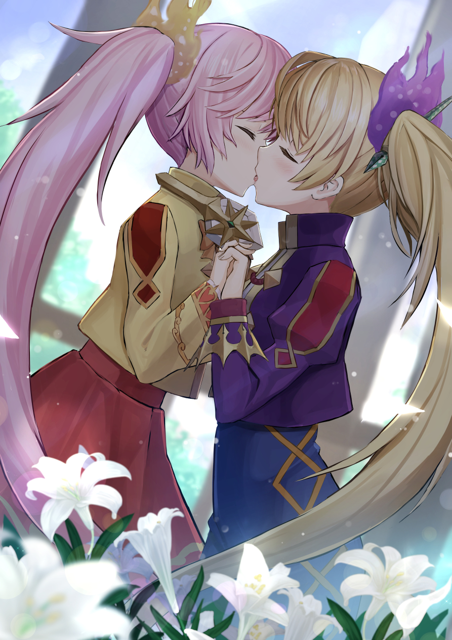 2girls, blonde_hair, closed_eyes, holding_hands, hug, kiss, metatron_(monster_strike), monster_strike, pink_hair, ponytail, sandalphon_(monster_strike), sereiteru, twins