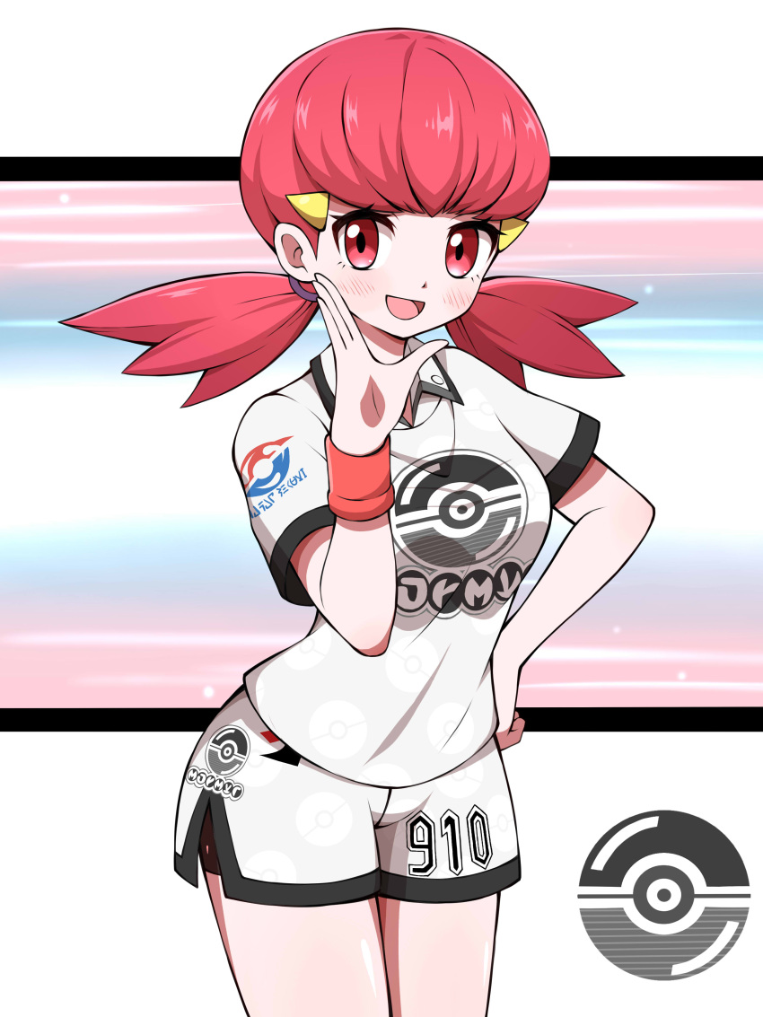 1girl, :d, absurdres, alternate_costume, blush, breasts, hand_on_hip, hand_up, highres, jersey, looking_at_viewer, open_mouth, poke_ball_print, pokemon, pokemon_(game), pokemon_hgss, print_shirt, red_eyes, redhead, shabana_may, shirt, short_shorts, short_sleeves, shorts, smile, solo, sportswear, twintails, uniform_number, white_shirt, white_shorts, whitney_(pokemon)