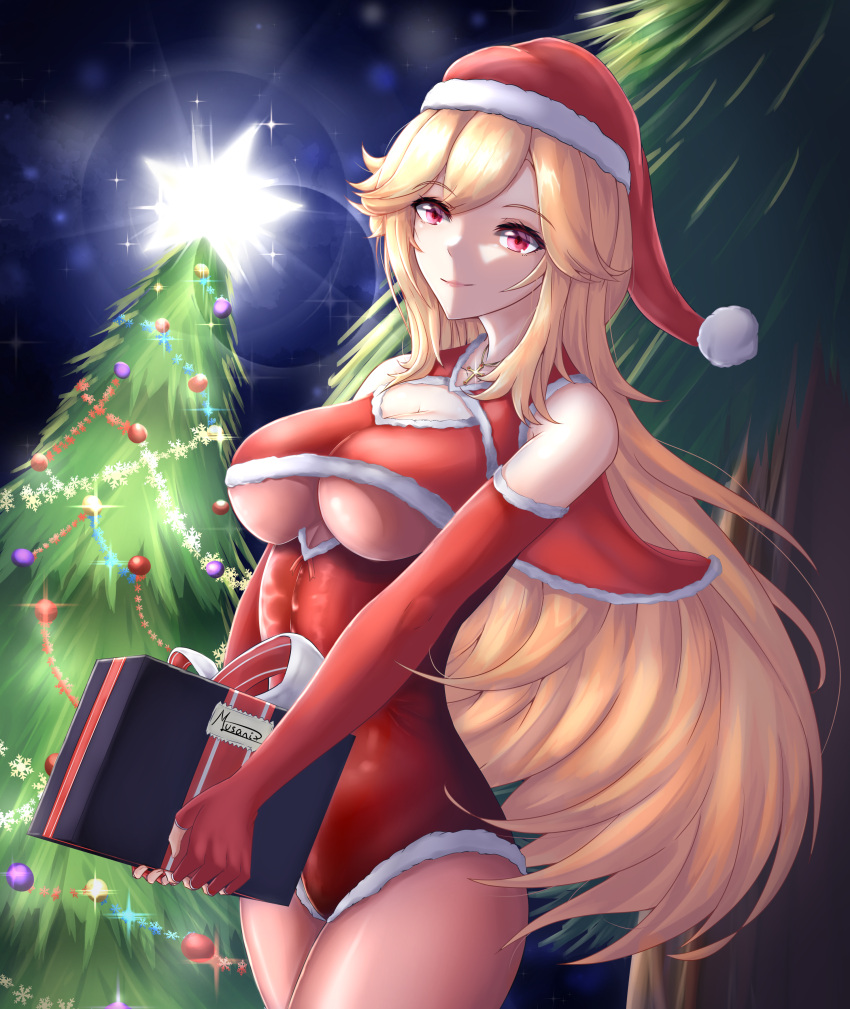 1girl, absurdres, alternate_costume, artist_name, azur_lane, bare_shoulders, bauble, box
