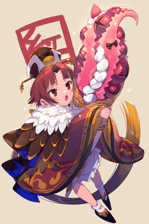 1girl, apron, bangs, benienma_(fate), bird_hat, blush, breasts, brown_headwear