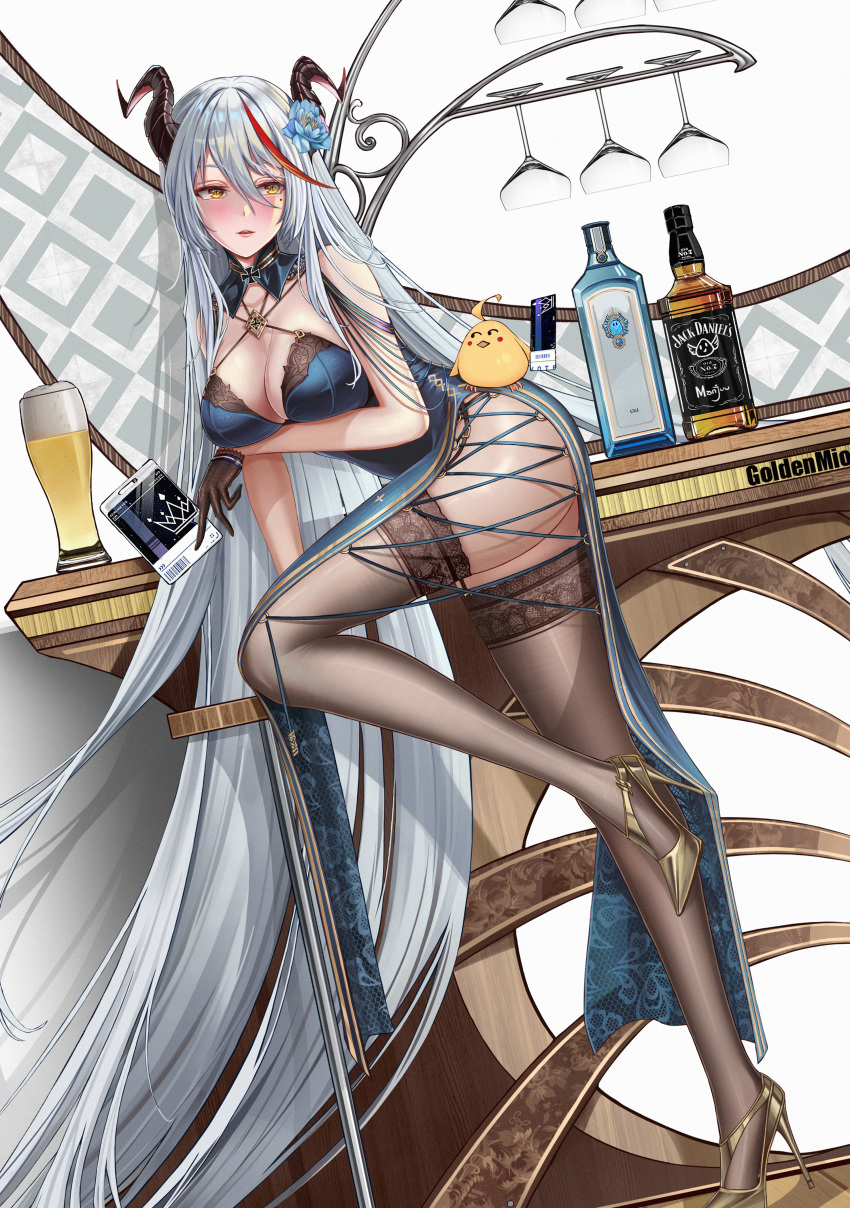 1girl, absurdly_long_hair, absurdres, aegir_(azur_lane), alcohol, alternate_costume, arm_under_breasts, artist_name, ass, azur_lane, ballot, bare_shoulders, beer, black_gloves, black_legwear, blue_dress, blue_flower, blush, bottle, breasts, china_dress, chinese_clothes, criss-cross_halter, cross, demon_horns, detached_collar, dress, floral_print, flower, full_body, gloves, gold_footwear, golden_miocola, hair_between_eyes, half_gloves, halterneck, high_heels, highres, horns, iron_cross, lace-trimmed_legwear, lace_trim, large_breasts, leaning_forward, leg_up, long_hair, manjuu_(azur_lane), mole, mole_under_eye, pelvic_curtain, redhead, shoes, solo, standing, standing_on_one_leg, stiletto_heels, thigh-highs, very_long_hair, vodka, whiskey, white_background, white_hair, yellow_eyes