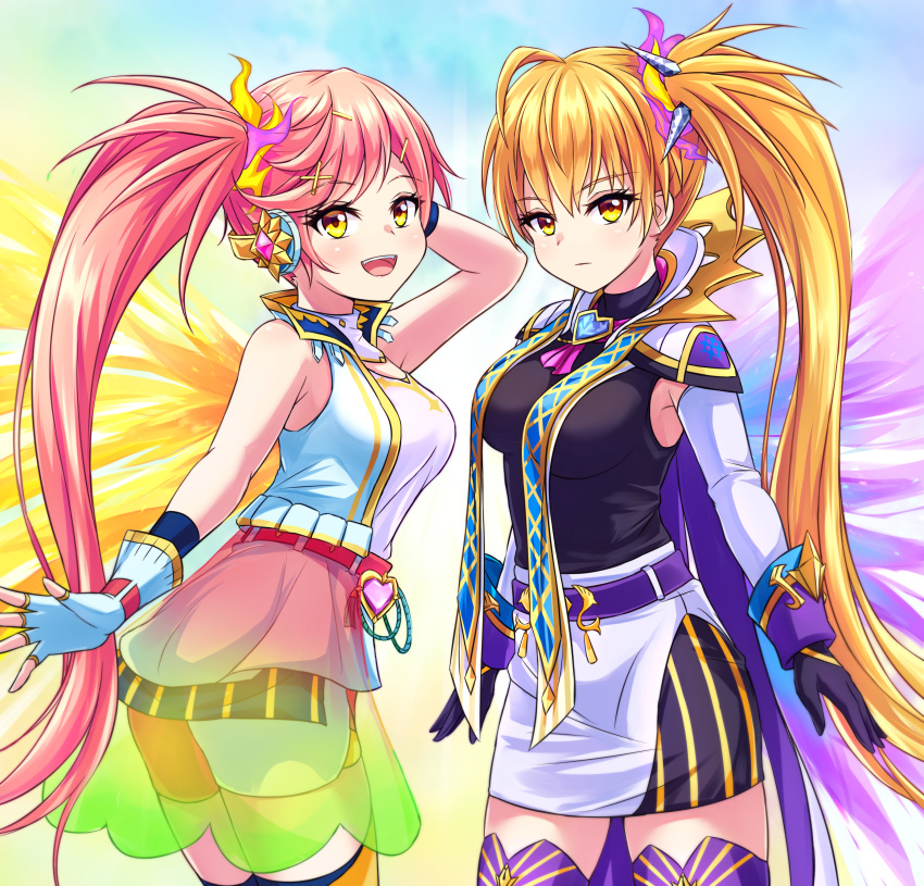 2girls, akira_sonchou, bangs, blonde_hair, blush, metatron_(monster_strike), monster_strike, pink_hair, ponytail, sandalphon_(monster_strike), twins