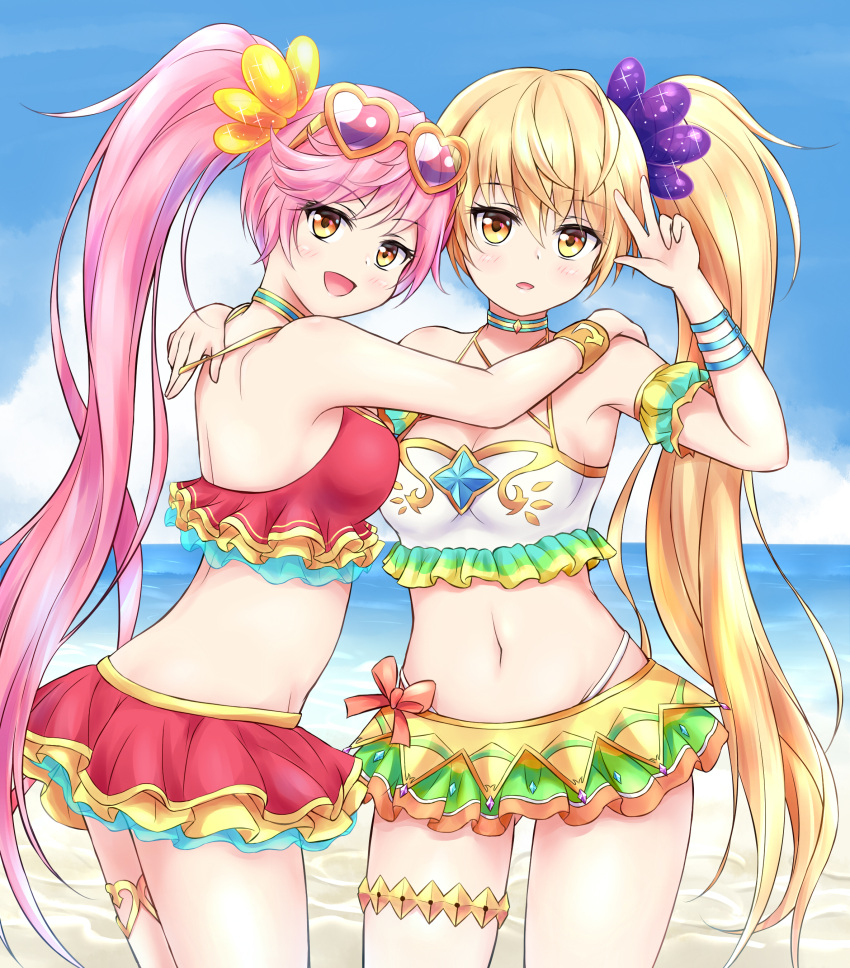2girls, akira_sonchou, bangs, bikini, bikini_top, blonde_hair, blush, metatron_(monster_strike)