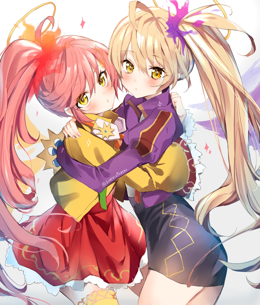 2girls, bangs, blonde_hair, blush, hoeru_taro, hug, metatron_(monster_strike), monster_strike