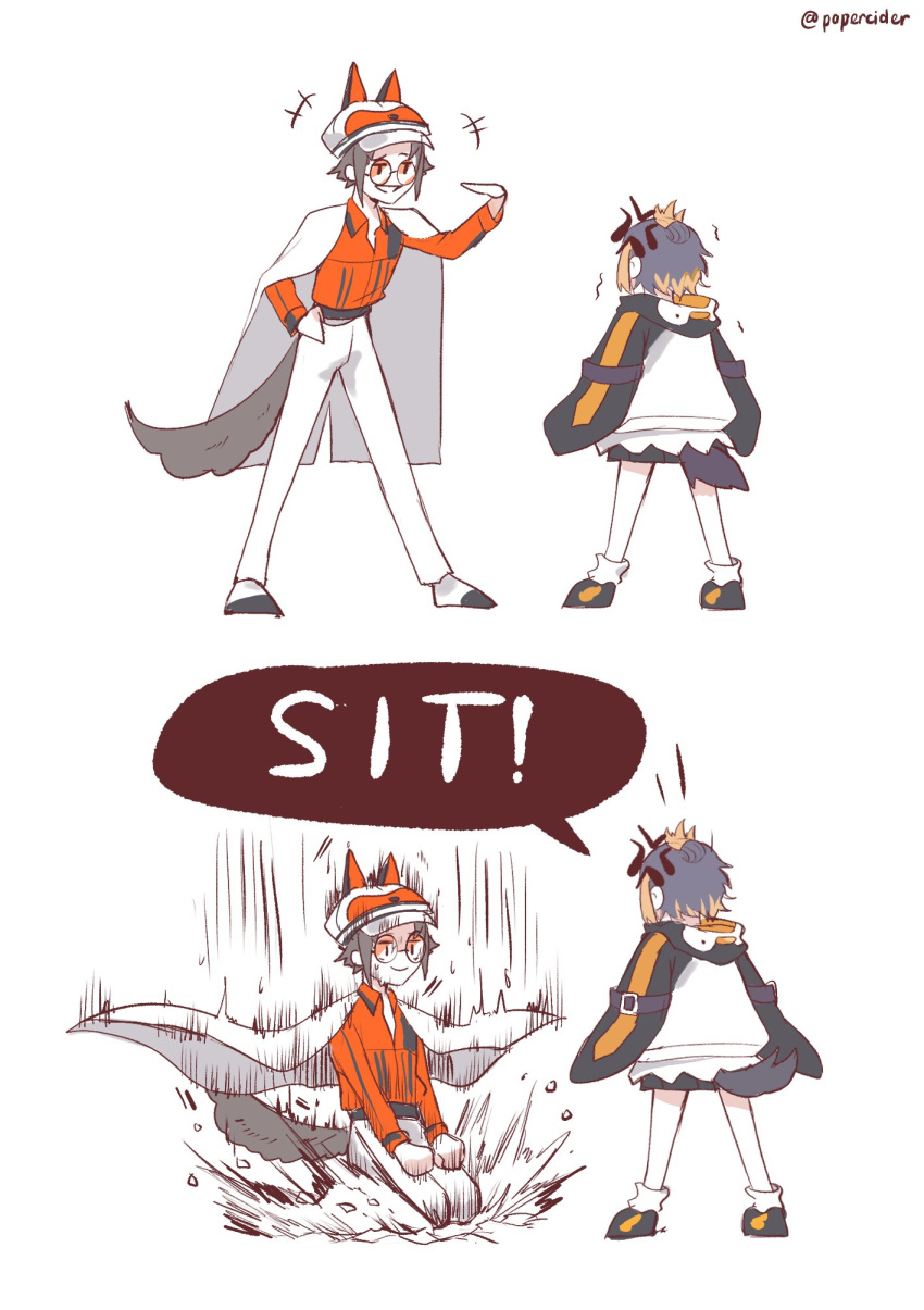 1boy, 1girl, anger_vein, animal_ear_headwear, animal_hood, black_eyes, black_hoodie, brown_hair