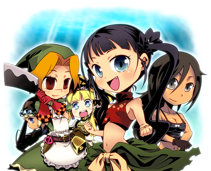 black_hair, blonde_hair, blue_eyes, c_(neta), cleaver, clenched_hands, cow_bell, dark_skin
