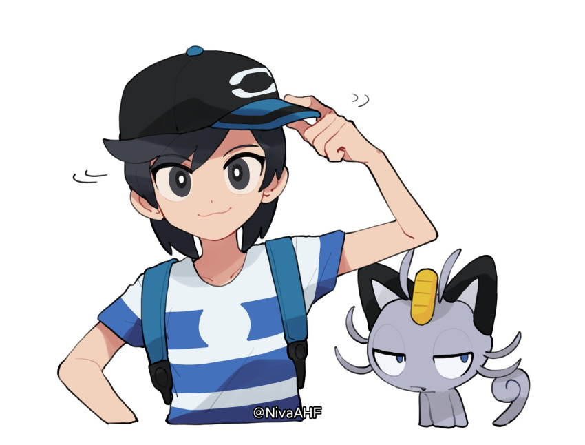 1boy, alolan_meowth, baseball_cap, black_hair, black_headwear, blue_shirt, bright_pupils, closed_mouth
