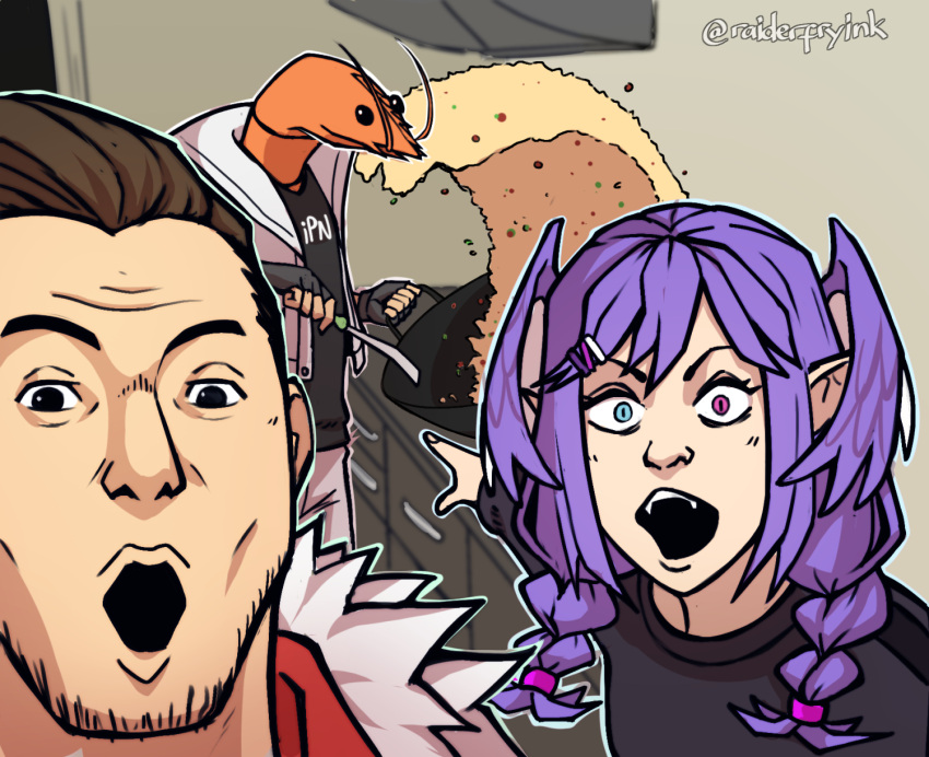 1girl, 2boys, alliance_(team), beard, black_eyes, black_shirt, blue_eyes, braid