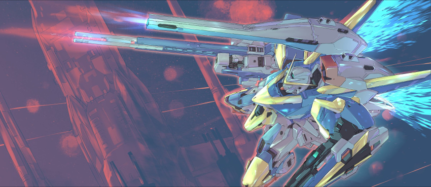 energy_wings, flying, from_above, gun, gundam, highres, holding, holding_gun