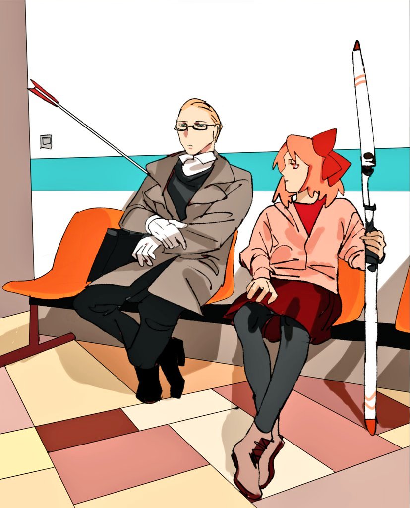 1boy, 1girl, alternate_costume, alternate_hairstyle, arrow_(projectile), bespectacled, blonde_hair, bow_(weapon)