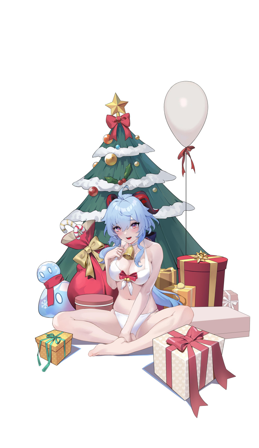 1girl, absurdres, balloon, bangs, bare_shoulders, barefoot, bell, bikini, blue_hair, blush, bra, christmas, christmas_ornaments, christmas_tree, collarbone, eyebrows_visible_through_hair, full_body, ganyu_(genshin_impact), genshin_impact, gift, hair_between_eyes, highres, long_hair, looking_at_viewer, navel, neck_bell, on_floor, open_mouth, panties, parted_lips, sidelocks, simple_background, sitting, skindentation, smile, soles, solo, star_(symbol), stomach, swimsuit, teeth, toes, underwear, very_long_hair, violet_eyes, white_background, white_bikini, white_bra, white_panties, xiehou_nangong