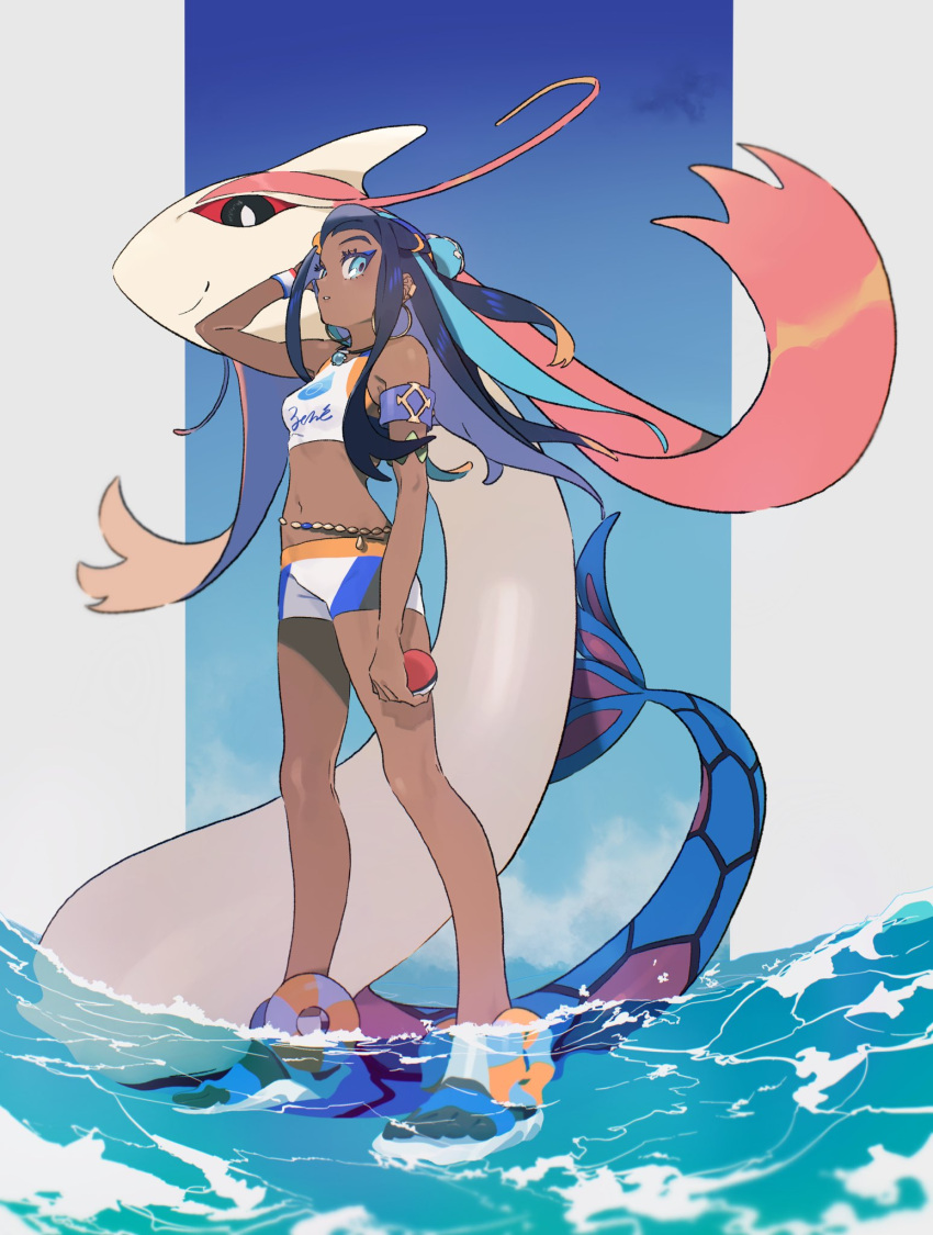 1girl, armlet, belly_chain, bike_shorts, black_hair, blue_eyes, blue_eyeshadow, blue_hair