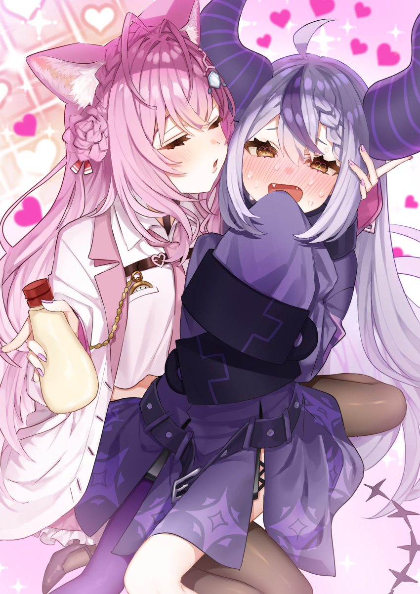 2girls, ahoge, animal_ear_fluff, animal_ears, antenna_hair, bangs, blush, bottle
