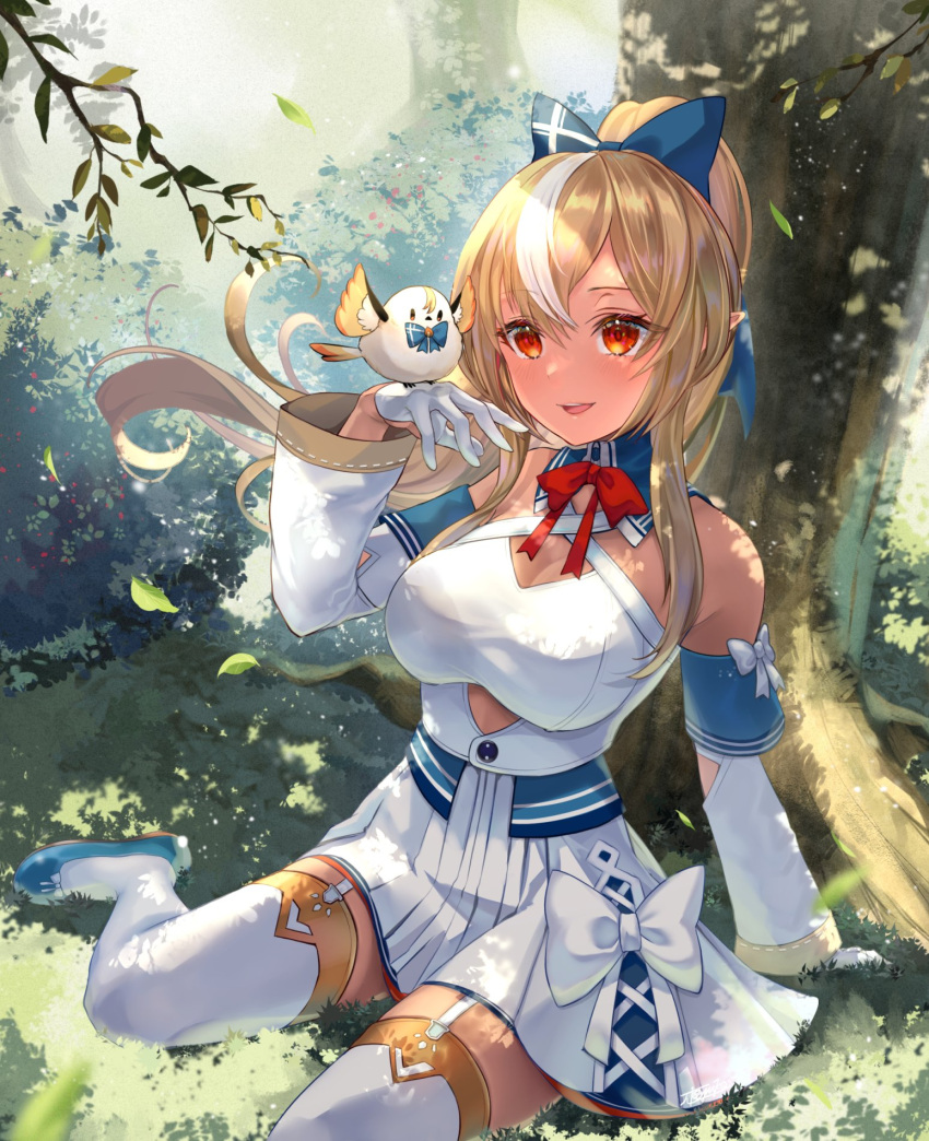 1girl, bangs, bird, bird_on_hand, blonde_hair, blue_bow, blue_footwear, bow