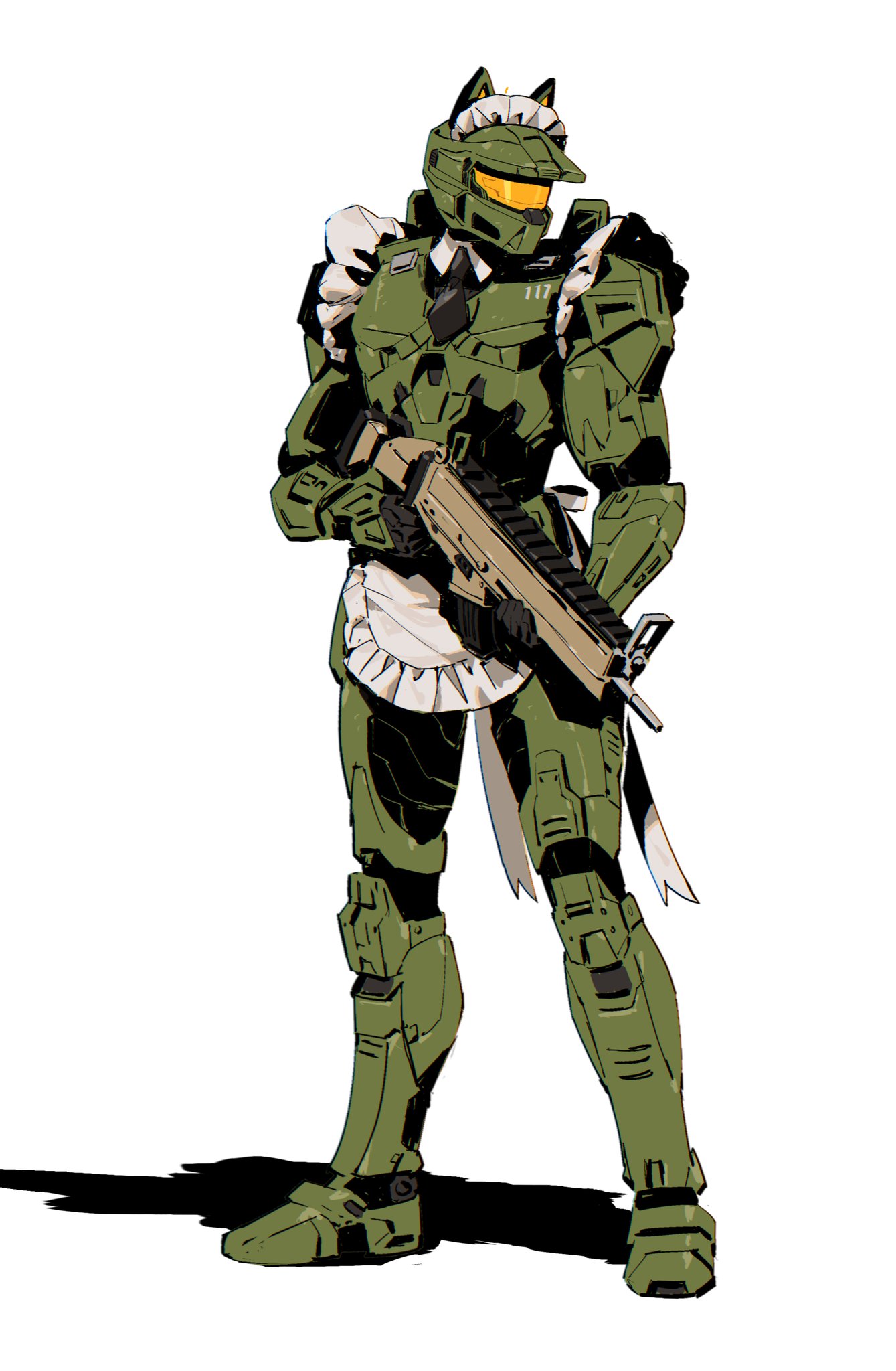 1boy, animal_ears_helmet, apron, assault_rifle, black_necktie, detached_collar, english_commentary, frills, gun, halo_(series), highres, holding, holding_gun, holding_weapon, maid_apron, maid_headdress, master_chief, necktie, power_armor, rifle, science_fiction, shadow, short_necktie, solo, spartan_(halo), taocan_shisi_hao, visor, weapon, white_background