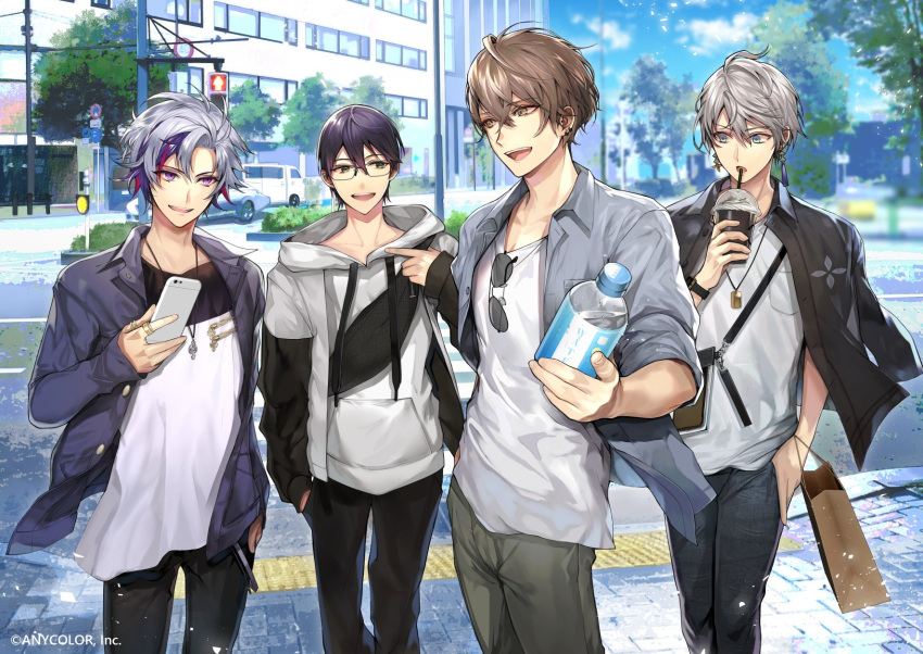4boys, black_jacket, black_pants, black_shirt, blue_eyes, brown_hair, cellphone, cup