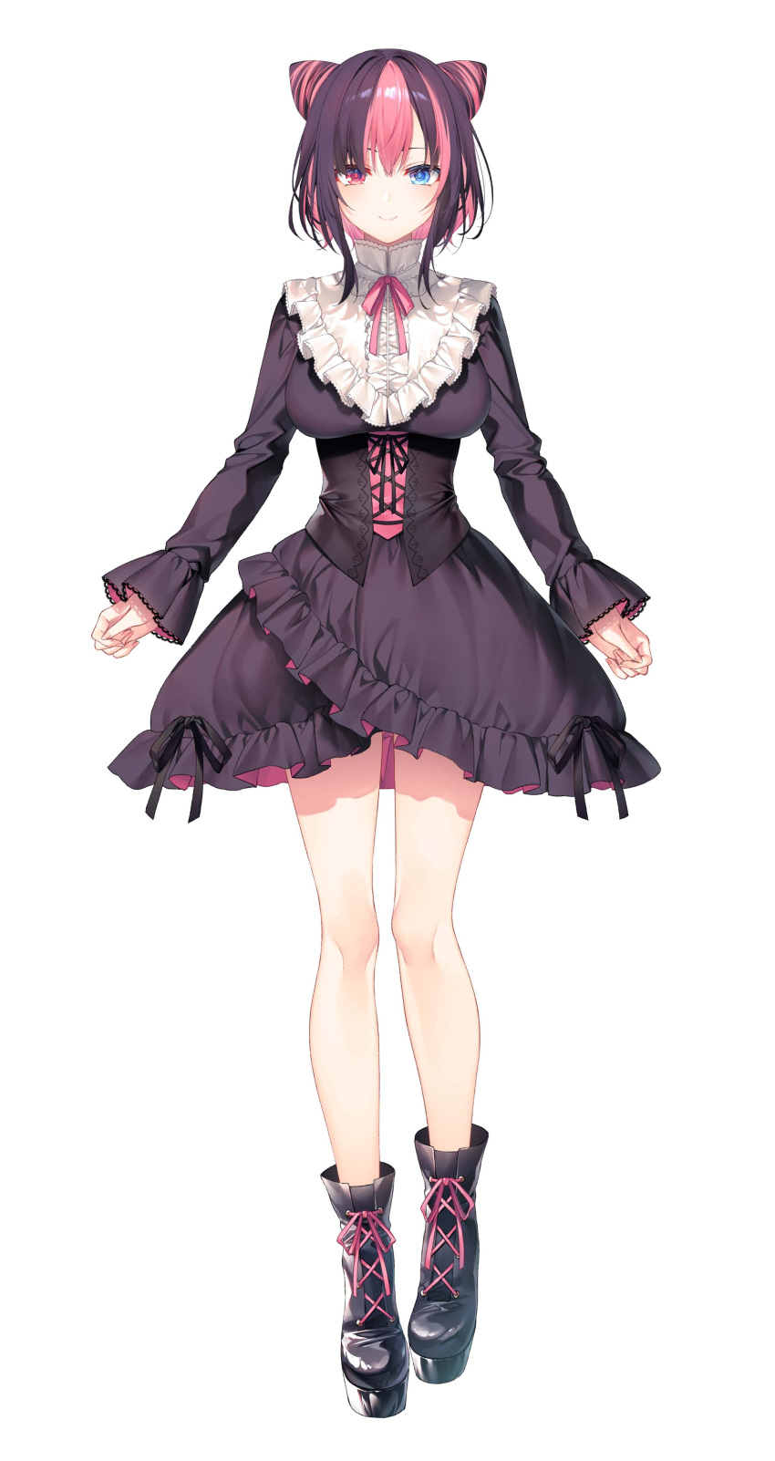 1girl, absurdres, bangs, black_dress, blue_eyes, blush, boots, bow