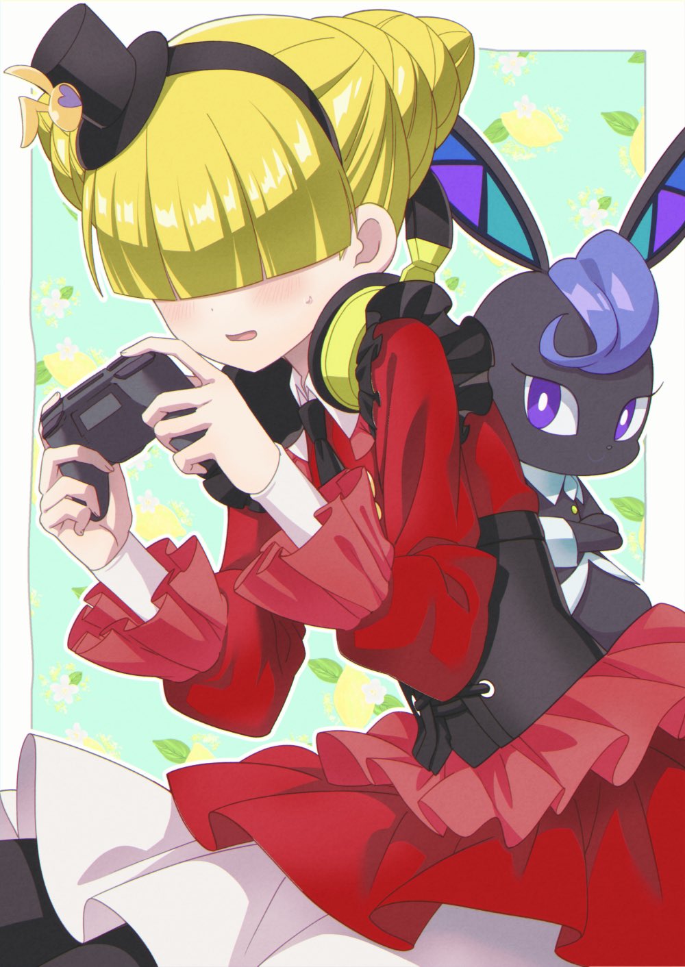 1girl, aqua_background, bangs, black_corset, black_hairband, black_headwear, blonde_hair, blunt_bangs, blush, border, bunny_ornament, carron_(waccha_primagi!), close-up, commentary, controller, corset, covered_eyes, double_bun, dress, embarrassed, floral_background, food, frilled_dress, frills, fruit, fruit_background, game_controller, gamepad, gothic_lolita, hair_over_eyes, hairband, hat, headphones, headphones_around_neck, hidden_eyes, highres, hizuki_(hiduki6121), holding, holding_controller, holding_game_controller, kokoa_remon, leaf, leaf_background, lemon, lolita_fashion, long_sleeves, mini_hat, mini_top_hat, namesake, open_mouth, outside_border, pretty_(series), rabbit, red_dress, sweatdrop, top_hat, upper_body, waccha_primagi!, white_border