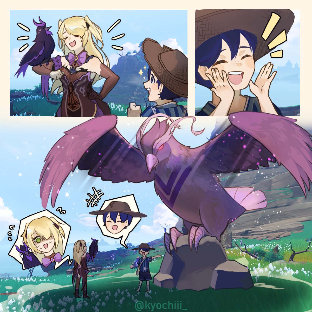 +++, 1boy, 1girl, animal_on_arm, bangs, bird, bird_on_arm, black_eyepatch