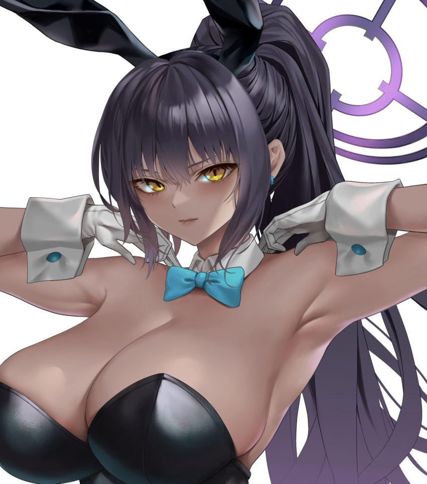 animal_ears, armpits, black_leotard, blue_archive, blue_bow, blue_bowtie, bow, bowtie