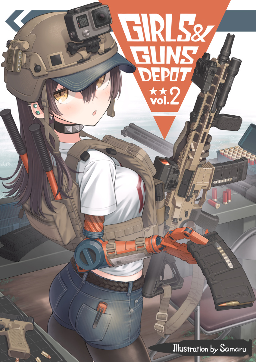 1girl, assault_rifle, brown_hair, bullet, choker, commentary_request, ear_piercing, earrings