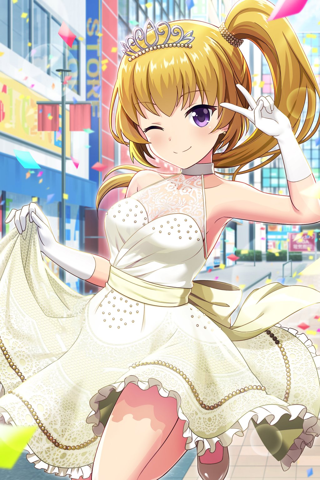1girl, alternative_girls, bare_shoulders, blonde_hair, building, city, closed_mouth, confetti