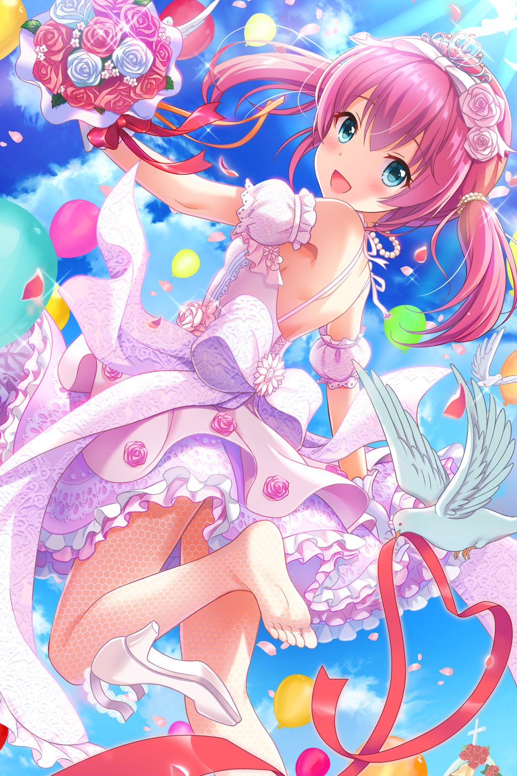 1girl, alternative_girls, aqua_eyes, balloon, bare_back, blush, bouquet, bow, crown_hair_ornament, dress, dress_bow, eyebrows_visible_through_hair, fishnet_legwear, fishnets, highres, looking_at_viewer, looking_back, mano_sakurako, official_art, open_mouth, pink_hair, smile, solo, twintails, wedding_dress, white_legwear