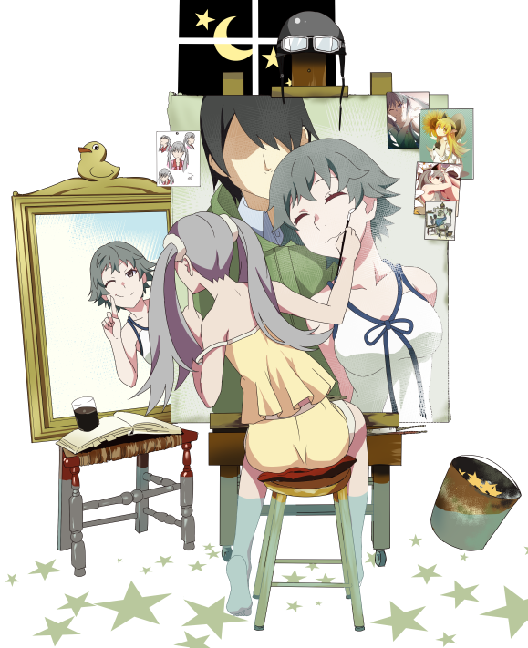 1boy, 1girl, araragi_koyomi, bare_shoulders, barefoot, black_hair, breasts, brown_eyes