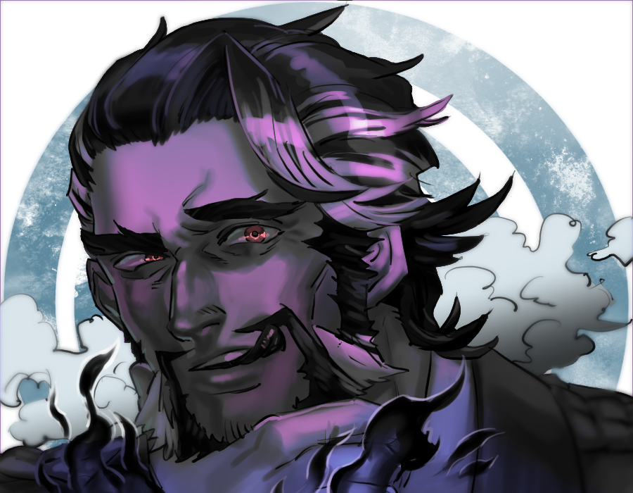 1boy, :q, ahoge, beard, clouds, daikoku_(housamo), dark_blue_hair, facial_hair