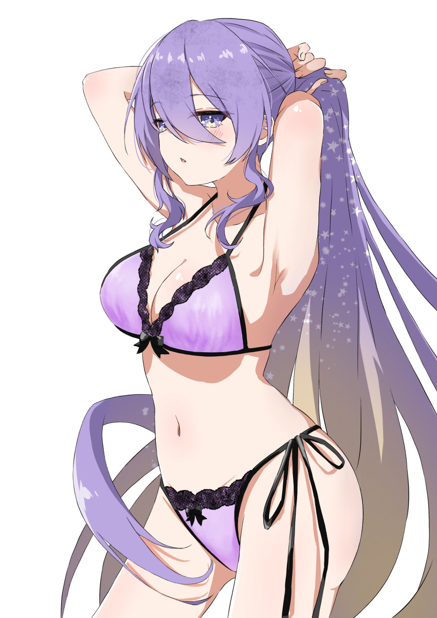 1girl, absurdres, blonde_hair, bra, breasts, gradient_hair, highres, hololive, hololive_indonesia, large_breasts, long_hair, midoku_(itijikusakura), moona_hoshinova, multicolored_hair, navel, panties, ponytail, purple_bra, purple_hair, purple_panties, side-tie_panties, tying_hair, underwear, violet_eyes, virtual_youtuber, white_background