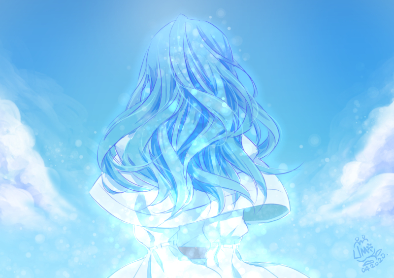 1girl, arms_behind_back, blue_hair, blue_sky, blue_theme, capelet, clouds, dated