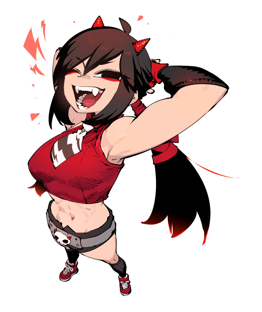 1girl, abs, absurdres, ahoge, armpits, arms_behind_head, arms_up, belt