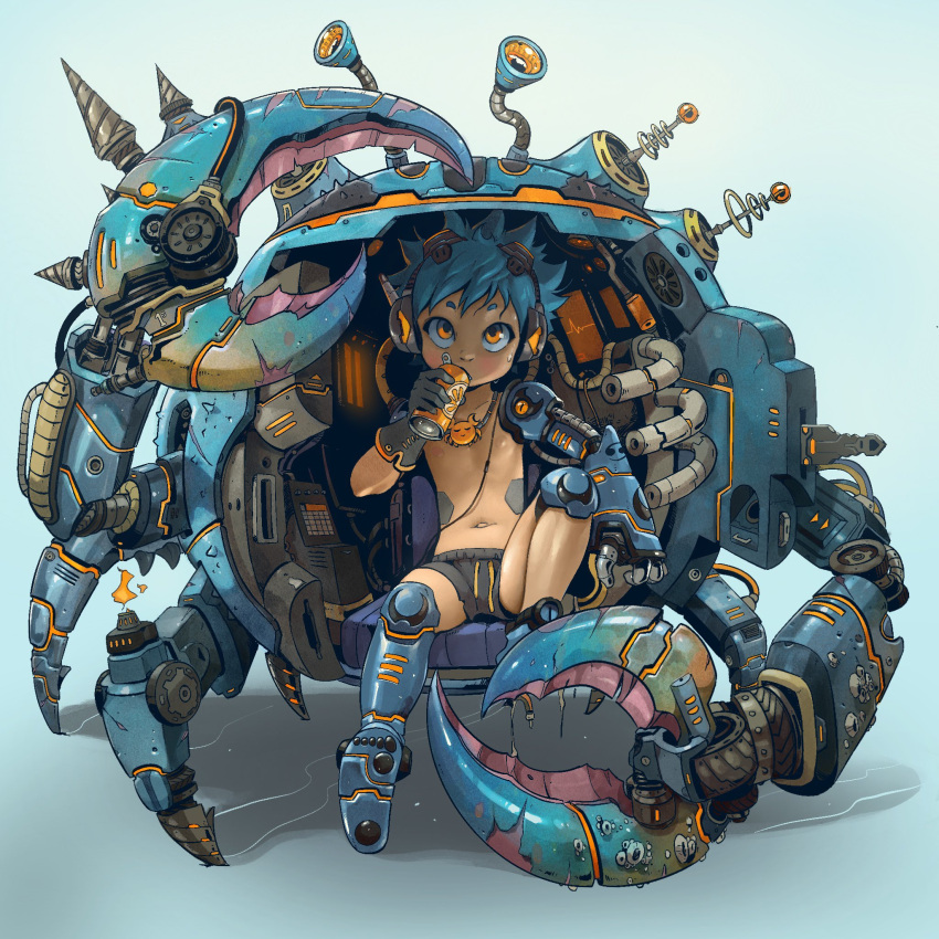 1boy, android, black_panties, blue_hair, crab, english_commentary, highres, looking_at_viewer