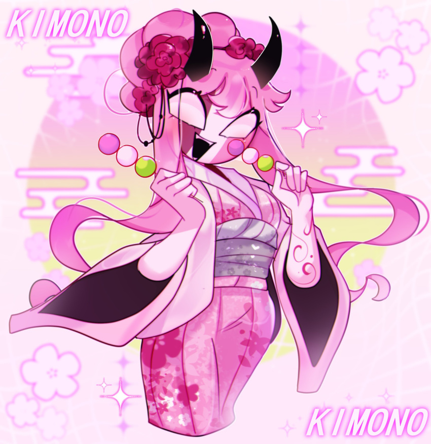 1girl, dango, empty_eyes, flower, food, friday_night_funkin', holding_food, japanese_clothes, kimono, larahhhhhhish, mid-fight_masses_(friday_night_funkin'), pink_hair, pink_kimono, sarvente_(friday_night_funkin'), smile, solo, sparkle, standing, white_skin