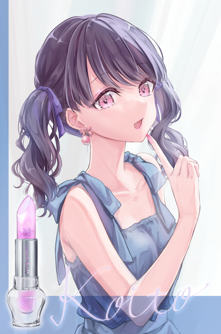 1girl, aoba_yukichi, bare_shoulders, black_hair, character_name, collarbone, commentary_request, cosmetics