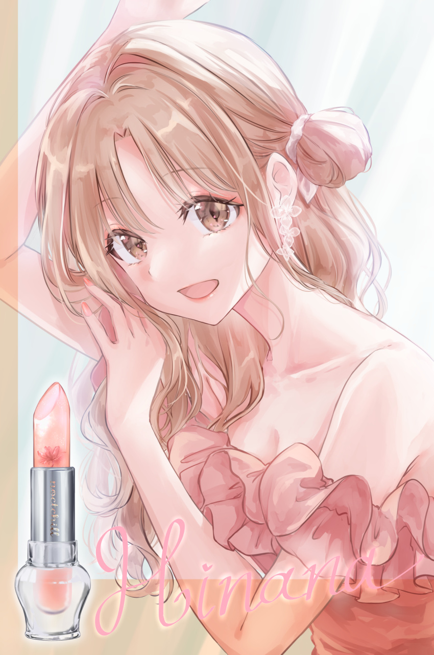 1girl, aoba_yukichi, bare_shoulders, brown_eyes, brown_hair, character_name, collarbone, commentary_request