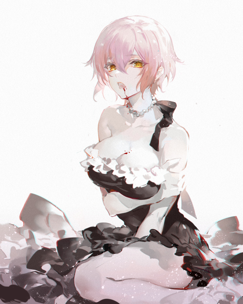 1girl, black_bow, black_dress, blood, blood_from_mouth, blood_on_breasts, blood_on_face, bow, collarbone, dress, dripping, eyebrows_visible_through_hair, eyes_visible_through_hair, hair_between_eyes, highres, jeanne_(vanitas_no_carte), jewelry, light_particles, necklace, nevakuma_(fanfanas), off-shoulder_dress, off_shoulder, orange_eyes, pale_skin, pearl_(gemstone), pearl_necklace, pink_hair, short_hair, simple_background, solo, vampire, vanitas_no_carte, white_background