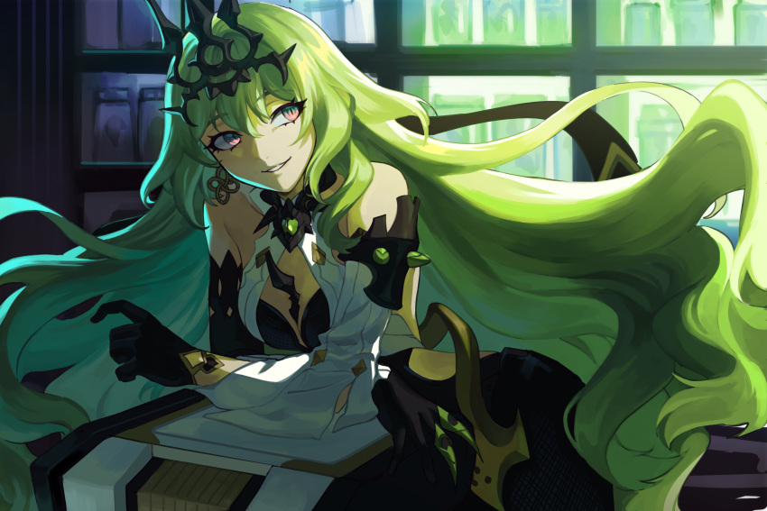 1girl, amyucheu, bangs, black_gloves, crown, dress, gloves, green_eyes