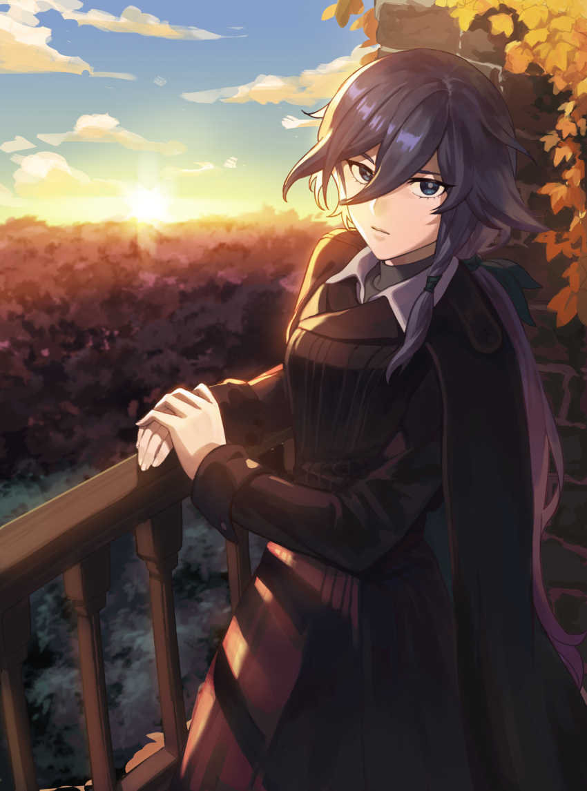 1girl, absurdres, amyucheu, bangs, black_coat, black_hair, blue_eyes, blue_sky