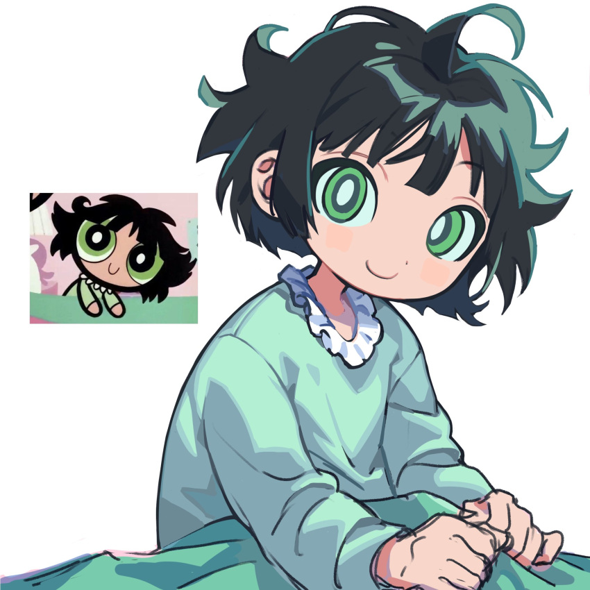 1girl, ahoge, black_hair, blanket, blush, bright_pupils, buttercup_(ppg), buttercup_redraw_challenge