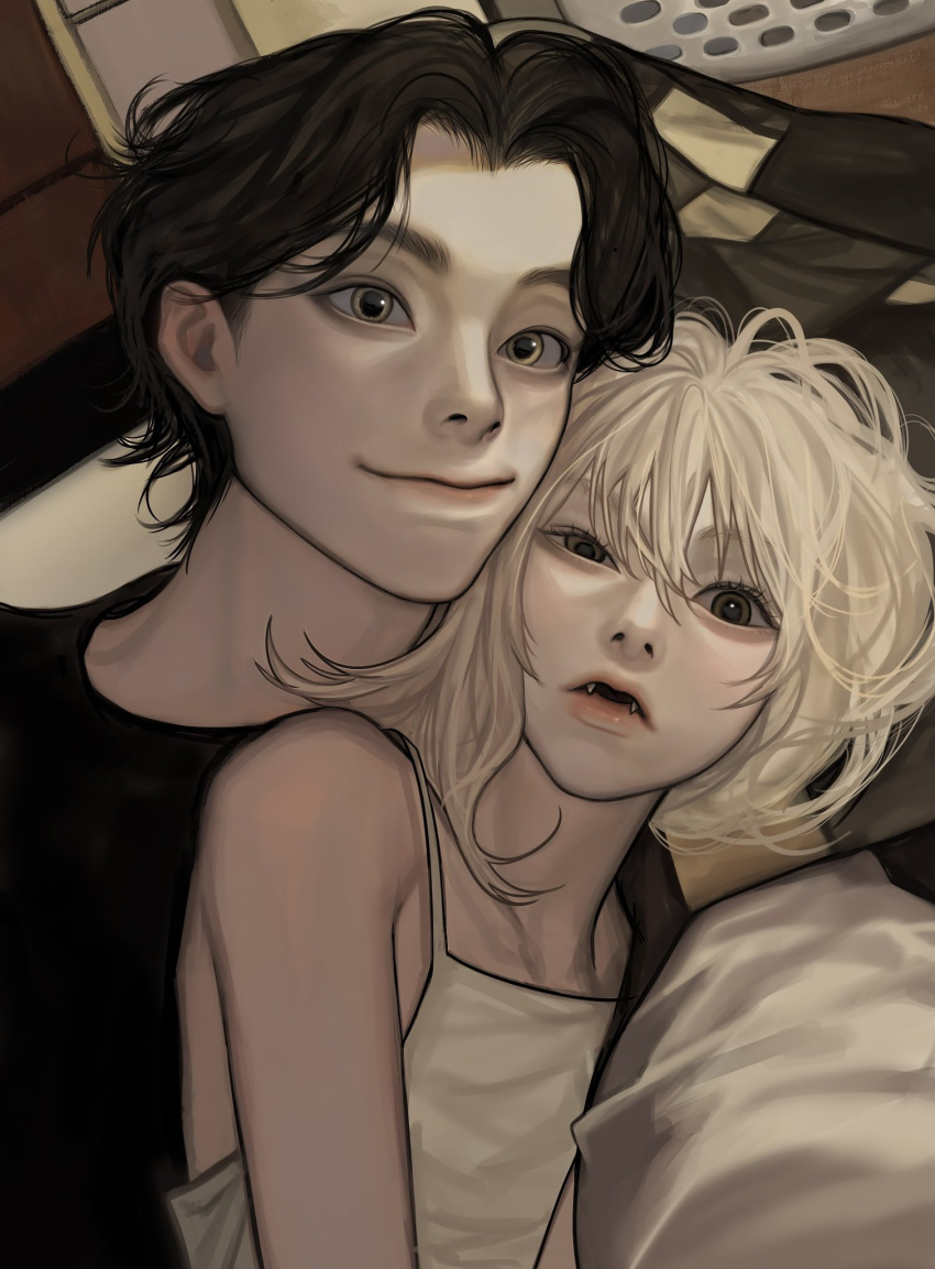 1boy, 1girl, bare_shoulders, basket, black_hair, blanket, blonde_hair, brown_eyes