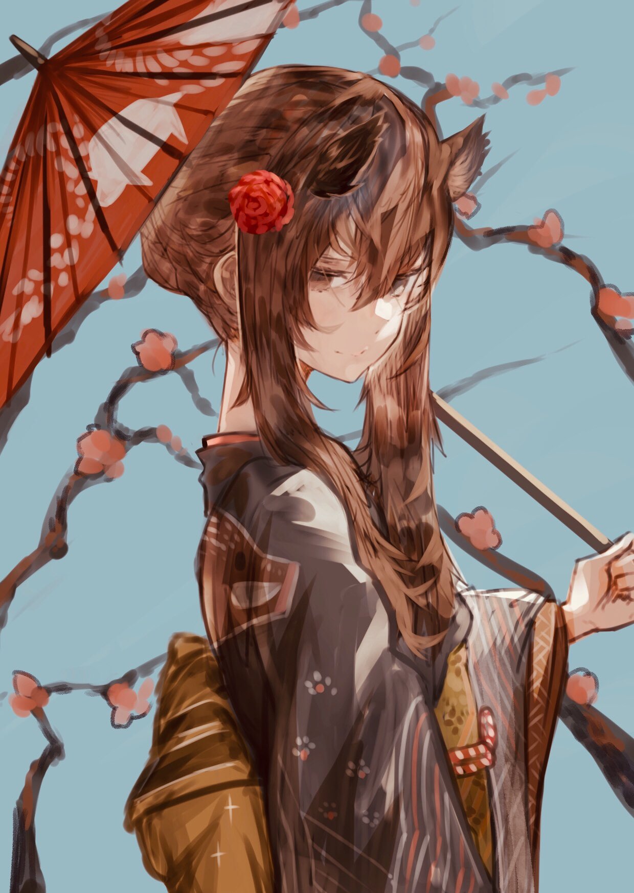 1girl, animal_ear_fluff, animal_ears, black_kimono, blue_background, branch, brown_eyes, brown_hair, closed_mouth, flower, hair_between_eyes, hair_flower, hair_ornament, half-closed_eyes, highres, holding, holding_umbrella, japanese_clothes, kimono, long_hair, long_sleeves, oil-paper_umbrella, original, ossan_zabi_190, red_flower, smile, solo, umbrella, wide_sleeves
