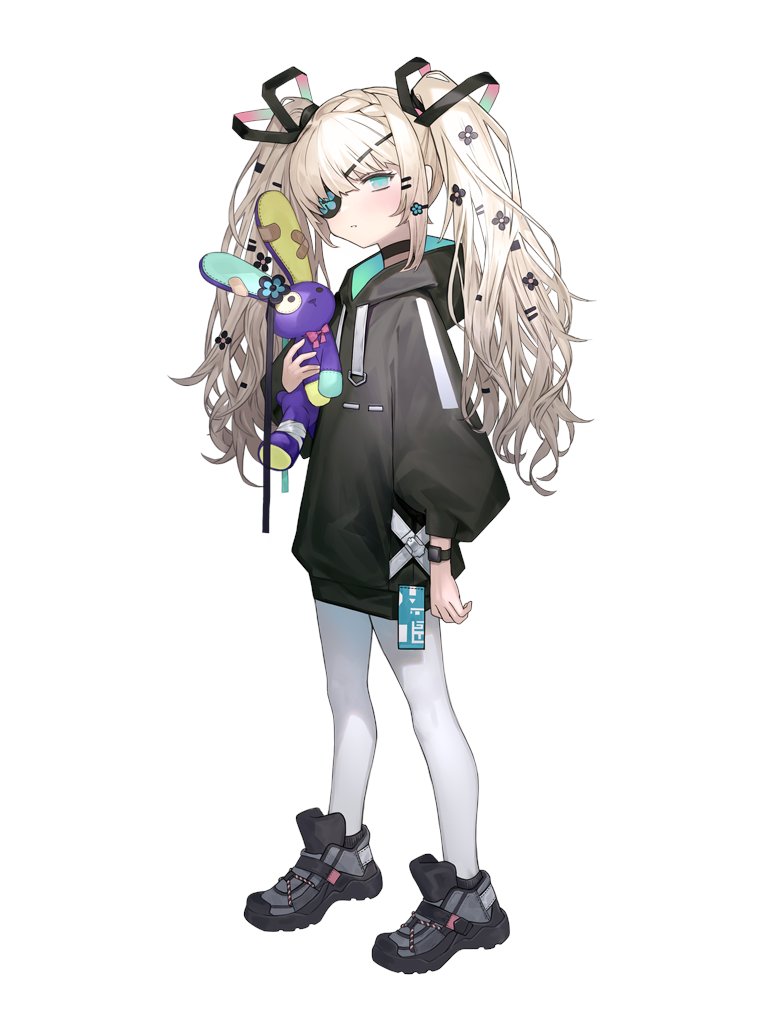 1girl, aqua_eyes, bandaid, bandaid_on_ear, black_choker, black_eyepatch, black_footwear, black_hoodie