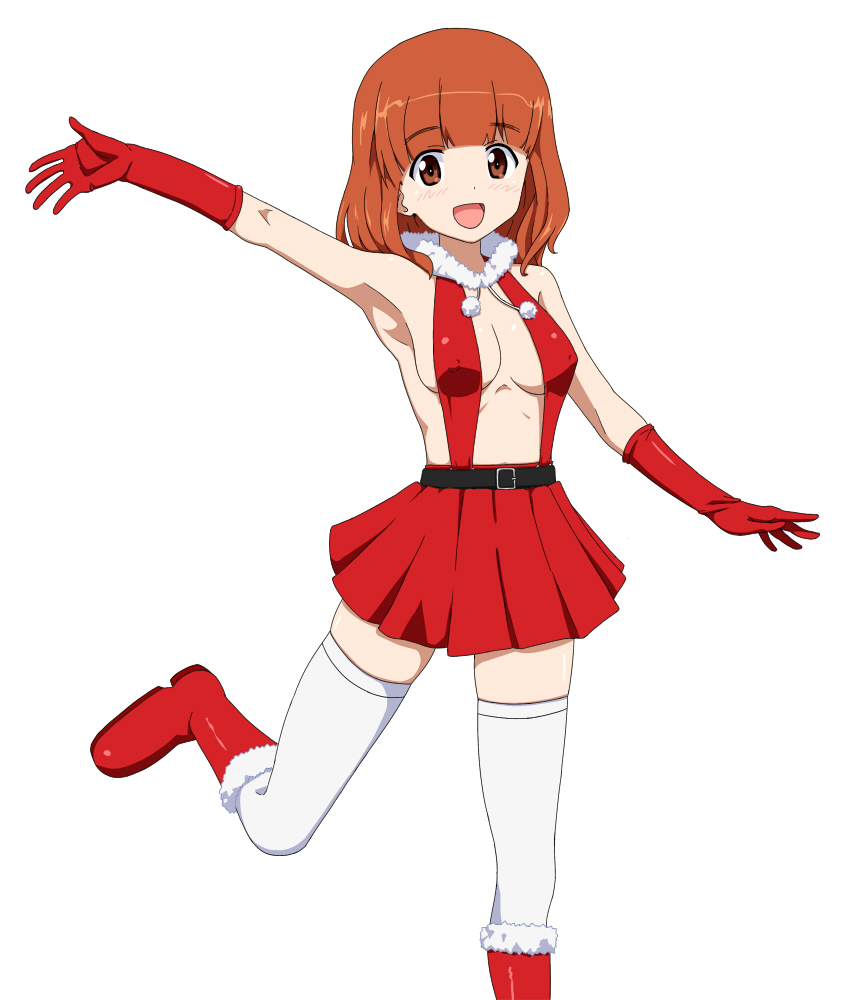 1girl, belt, boots, breasts, brown_eyes, christmas, girls_und_panzer, gloves