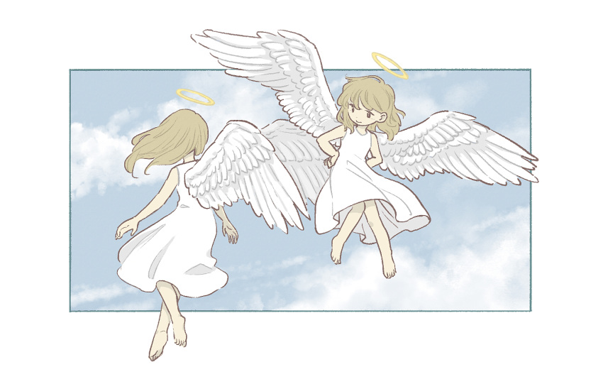 :>, angel, angel_wings, arms_at_sides, bangs, bare_arms, bare_shoulders, barefoot