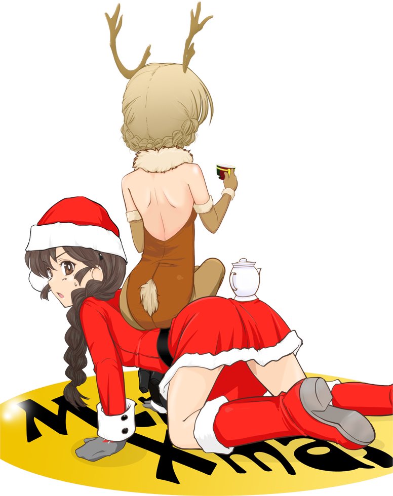 2girls, all_fours, antlers, back, backless_leotard, bangs, blonde_hair, boots