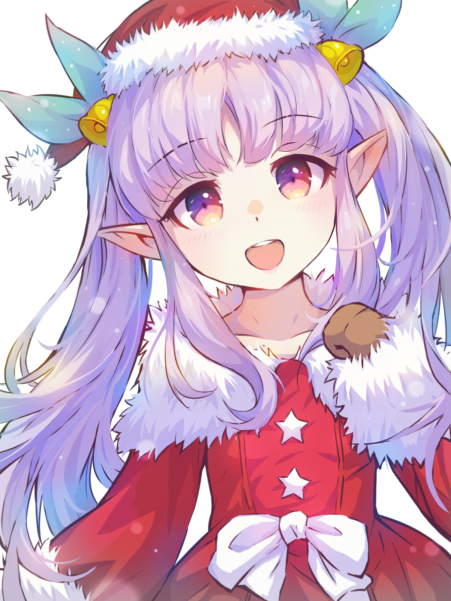 1girl, alternate_costume, bell_hair_ornament, blush, collarbone, dress, eyebrows_visible_through_hair, fur-trimmed_dress